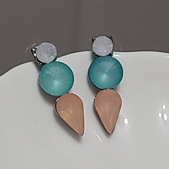 Vintage J Crew Turquoise Orange Crystal Drop Bar Colourblock Geometic Earrings - Picture 2 of 16